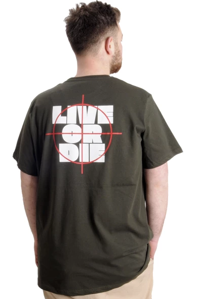 Mode XL Büyük Beden Erkek T-shirt LIVE OR DIE 23124 Haki - Resim 2