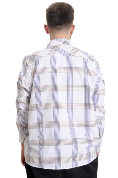 Mode XL Büyük Beden Erkek Gömlek Ekose Uzun Kollu 23300 Kahve-Lacivert - 4