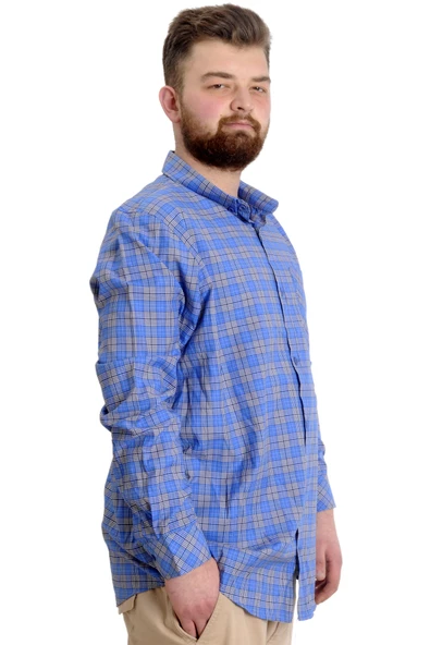 Mode XL Büyük Beden Erkek Gömlek Ekose Uzun Kollu 23300 Açık Saks - 5