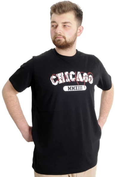 Mode XL Büyük Beden Erkek T-shirt CHICAGO 23105 Siyah