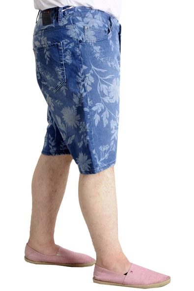 Mode XL Büyük Beden Erkek Kot Şort YAPRAK DESENLİ 23807 Mavi - 3