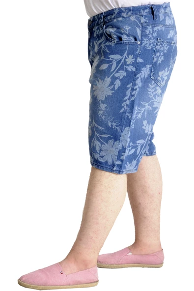 Mode XL Büyük Beden Erkek Kot Şort YAPRAK DESENLİ 23807 Mavi - 2