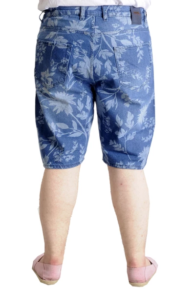 Mode XL Büyük Beden Erkek Kot Şort YAPRAK DESENLİ 23807 Mavi - 4