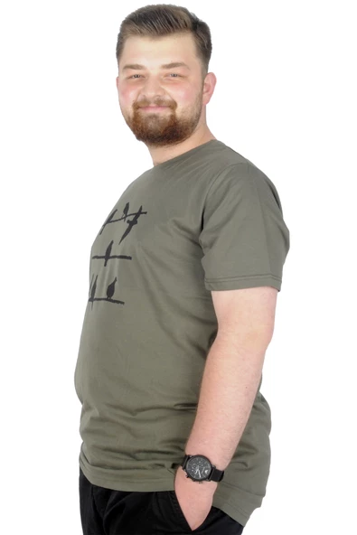 Mode XL Büyük Beden T-Shirt Bisiklet Yaka Birds 22172 Haki - 2