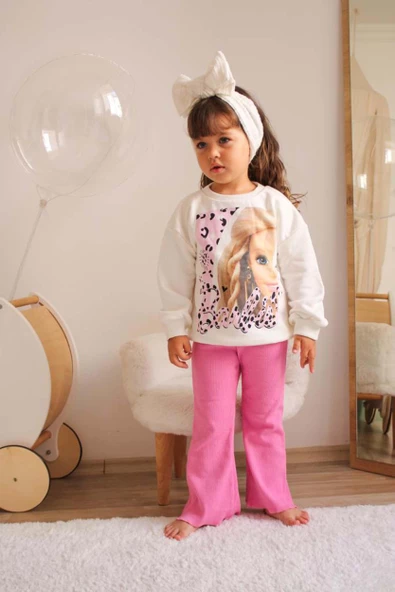 KIZ ÇOCUK LEOPAR BASKILI BİSİKLET YAKA EŞOFMAN TAKIMI - 3