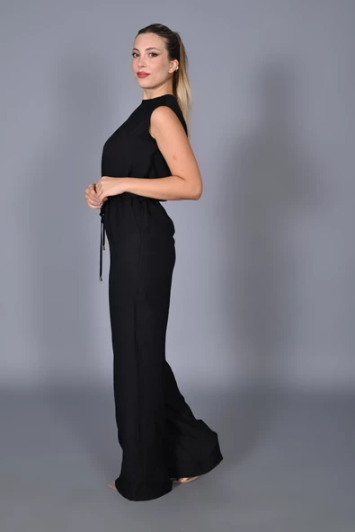 Modatalika Kadın Sırt Detaylı Şık Sade Kendi Kumaşından İp Kemerli Tulum - Resim 2