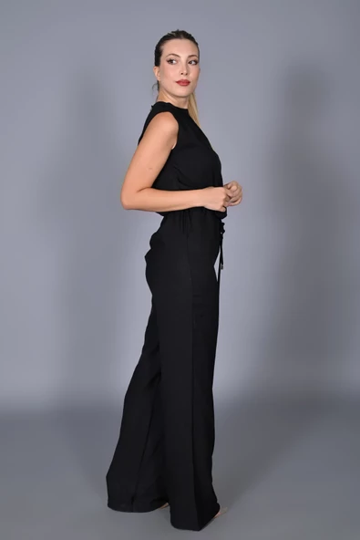 Modatalika Kadın Sırt Detaylı Şık Sade Kendi Kumaşından İp Kemerli Tulum - Resim 3