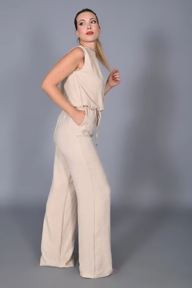 Modatalika Kadın Sırt Detaylı Şık Sade Kendi Kumaşından İp Kemerli Tulum - Resim 7