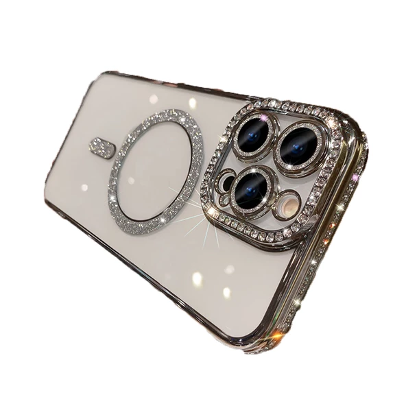 Apple iPhone 15 Pro Kılıf Simli Magsafe Kamera Kenar Taşlı Kapak - 12