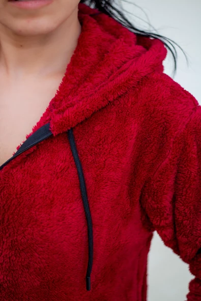 Kadın Kırmızı Peluş Kalın Fermuarlı Kapüşonlu Cepli Ceket 23KCKTMY50 - 5