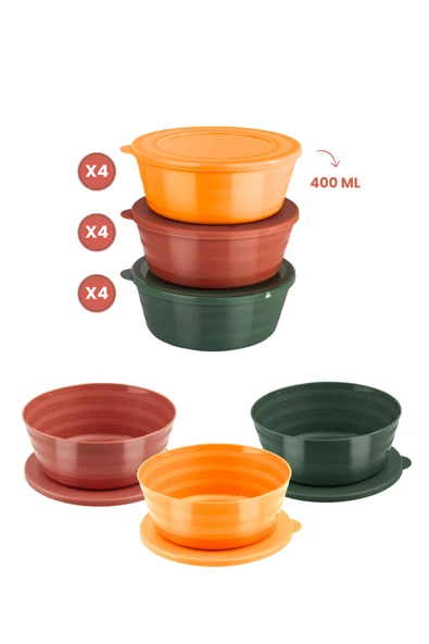 12 Adet Kapaklı Kahvaltılık Saklama Kabı 400 ml, Çok Amaçlı Yuvarlak Kase Çerezlik Set (12x400ml) - 4