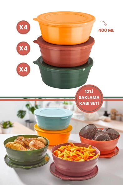 12 Adet Kapaklı Kahvaltılık Saklama Kabı 400 ml, Çok Amaçlı Yuvarlak Kase Çerezlik Set (12x400ml) - 2