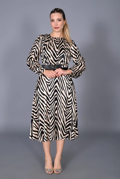 Modatalika Kadın Saten Kumaş Midi Boy Özel Tasarım Desenli Elbise - Resim 2