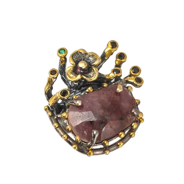 925 Ayar Gümüş Kök Yakut Doğaltaşlı Çiçekli Yüzük