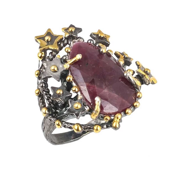 925 Ayar Gümüş Kök Yakut Doğaltaşlı Yıldızlı Yüzük