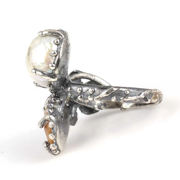 925 Ayar Gümüş Kehribar Ve İnci Taşlı Yüzük - Resim 5