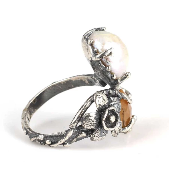 925 Ayar Gümüş Kehribar Ve İnci Taşlı Yüzük - Resim 3