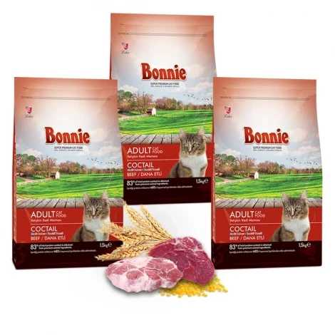 Bonnie Renkli Taneli Dana Etli Yetişkin Kedi Maması 1,5 Kg x 3 Adet