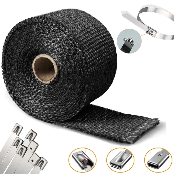 1 Metre 5 cm Cam Elyaf Ekzoz Sargısı Metal Kelepçe Manifold Sargı Bezi Yanmaz Bant Siyah Amyant 3 mm (Kalınlık) - Resim 3