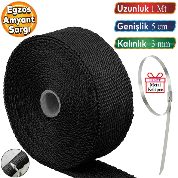 1 Metre 5 cm Cam Elyaf Ekzoz Sargısı Metal Kelepçe Manifold Sargı Bezi Yanmaz Bant Siyah Amyant 3 mm (Kalınlık) ürün görseli