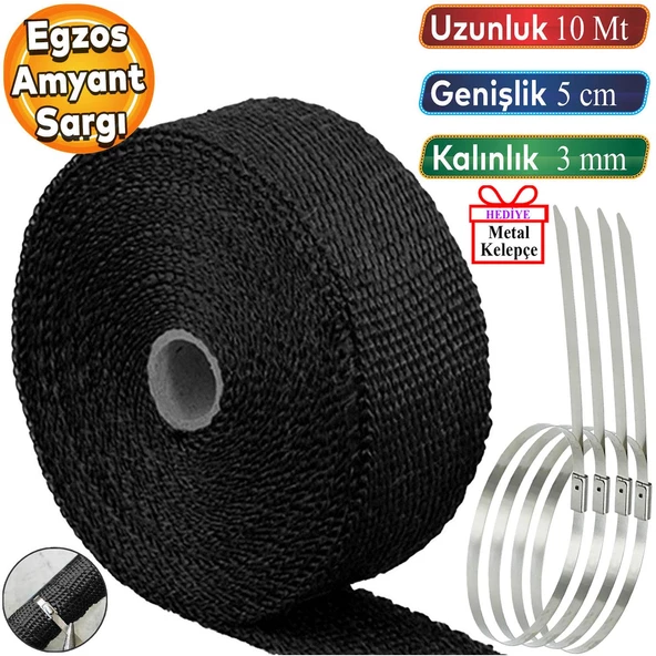 10 metre 5 cm Cam Elyaf Ekzoz Sargısı Metal Kelepçe Manifold Sargı Bezi Yanmaz Bant Siyah Amyant 3 mm (Kalınlık) ürün görseli