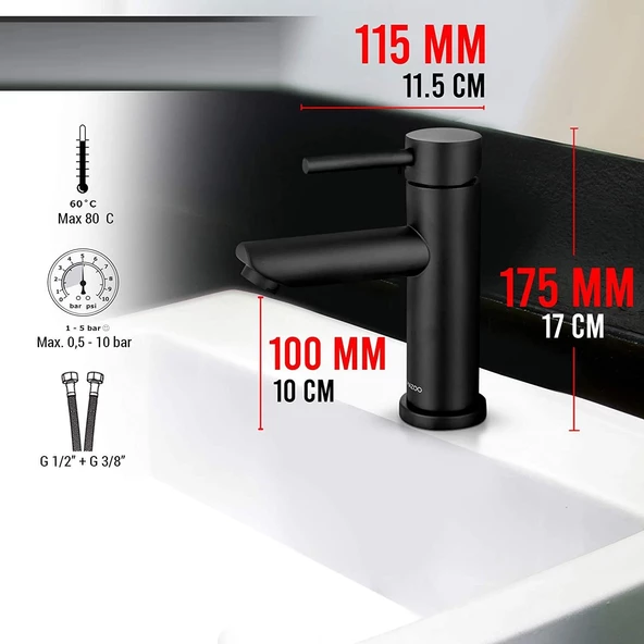 Lavabo Bataryası Siyah Kaplama Çift Su Girişli Yüksek Model - 3