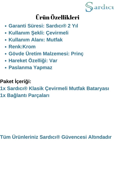 Sardıcı BTR-1008 Duvardan Klasik Çevirmeli Mutfak Eviye Bataryası - 2