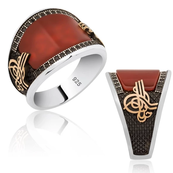 925 Ayar Gümüş Osmanlı Tuğralı Kırmızı Akik Taşlı Yüzük - Resim 3