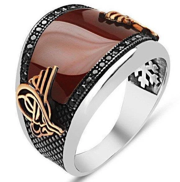 925 Ayar Gümüş Osmanlı Tuğralı Kırmızı Akik Taşlı Yüzük - Resim 4