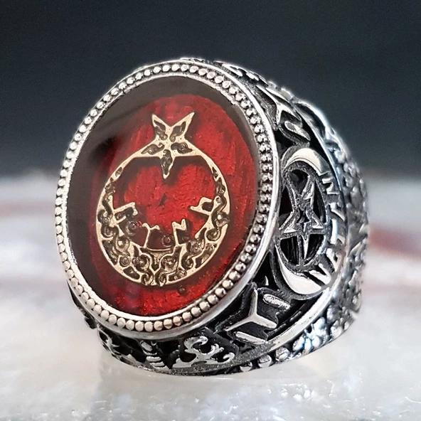 925 Ayar Gümüş Kırmızı Mineli  Ayyıldızlı Vatan Yazılı Yüzük ürün görseli