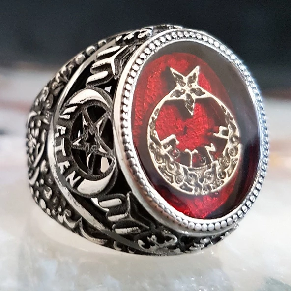 925 Ayar Gümüş Kırmızı Mineli  Ayyıldızlı Vatan Yazılı Yüzük - Resim 2