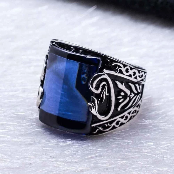 925 Ayar Gümüş Mavi Zirkon Taşlı Vav Erkek  Yüzük - Resim 3