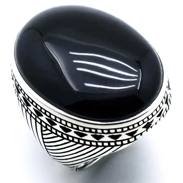 Büyük Siyah Oniks Taşlı Erkek Gümüş Yüzük - Resim 2