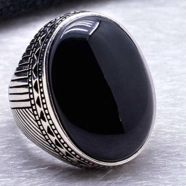 Büyük Siyah Oniks Taşlı Erkek Gümüş Yüzük - Resim 3