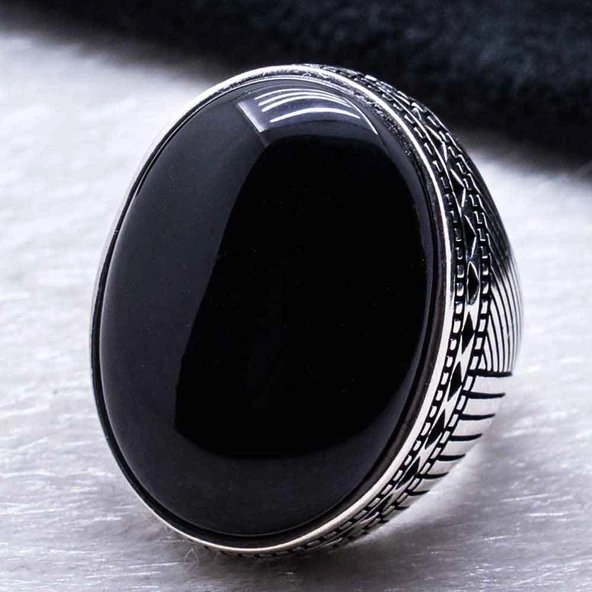 Büyük Siyah Oniks Taşlı Erkek Gümüş Yüzük - Resim 4