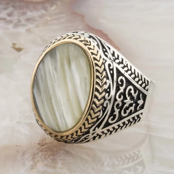 925 Ayar Gümüş Sade Sedef Taşlı Erkek Yüzük - Resim 3