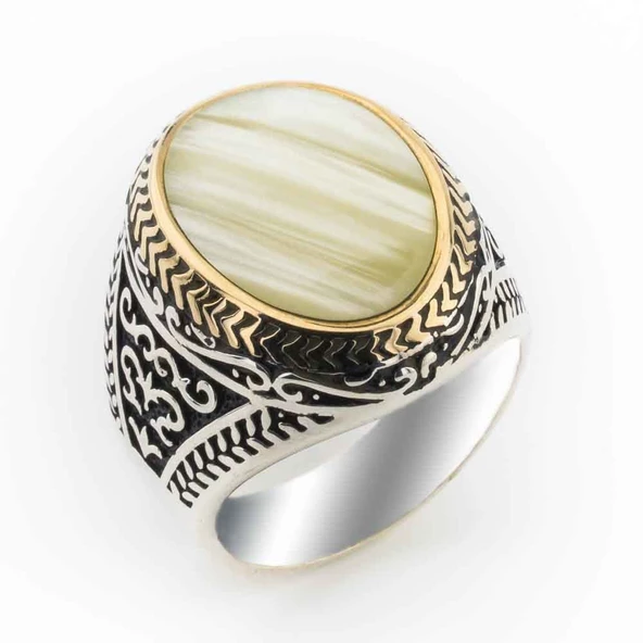 925 Ayar Gümüş Sade Sedef Taşlı Erkek Yüzük ürün görseli 1