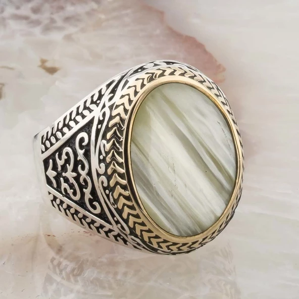 925 Ayar Gümüş Sade Sedef Taşlı Erkek Yüzük - Resim 2