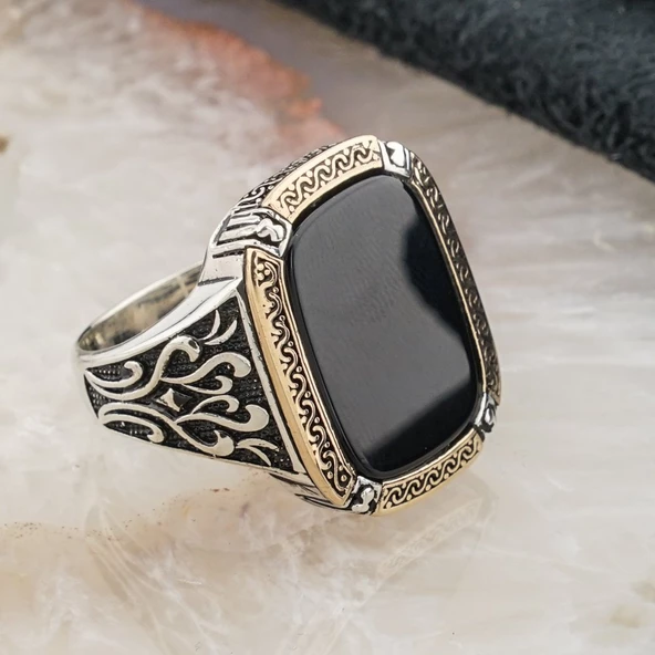 Siyah Oniks Taşlı Erkek  Gümüş Yüzük - Resim 2