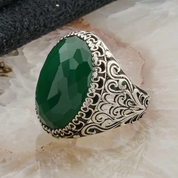 Büyük Oval Yeşil Zirkon Taşlı Erkek Gümüş Yüzük - 3