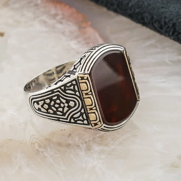 925 ayar Gümüş Düz Akik Taşlı Erkek Yüzük - Resim 2