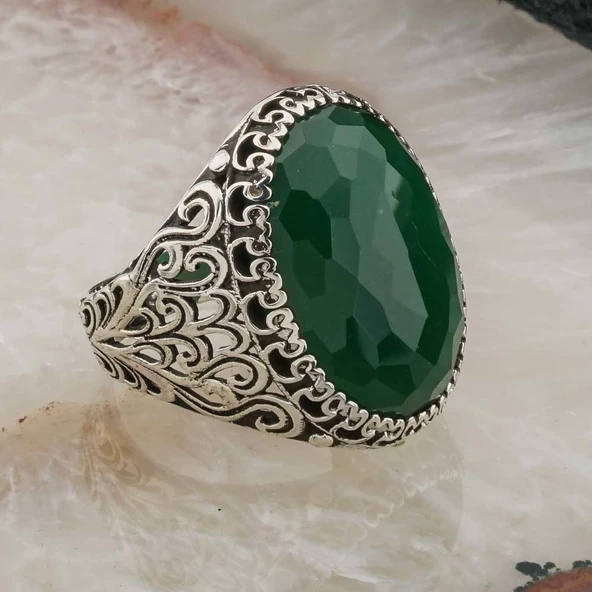Büyük Oval Yeşil Zirkon Taşlı Erkek Gümüş Yüzük - 2