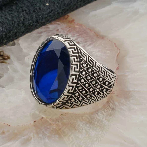 Oval Mavi Zirkon Taşlı Gümüş Erkek Yüzük - Resim 3