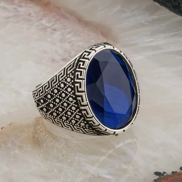 Oval Mavi Zirkon Taşlı Gümüş Erkek Yüzük - Resim 2