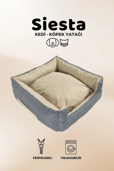 XPERMATE Siesta Kedi Yatağı ve  Köpek Yatağı  Tüy Tutmaz Kumaş,Su İtici Kumaş  Fermuarlı 55x60x23 Antrasit Bej