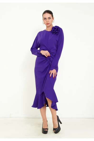 Modatalika Kadın Önden Büzgülü Uzun Kol  Midi Elbise - Resim 10