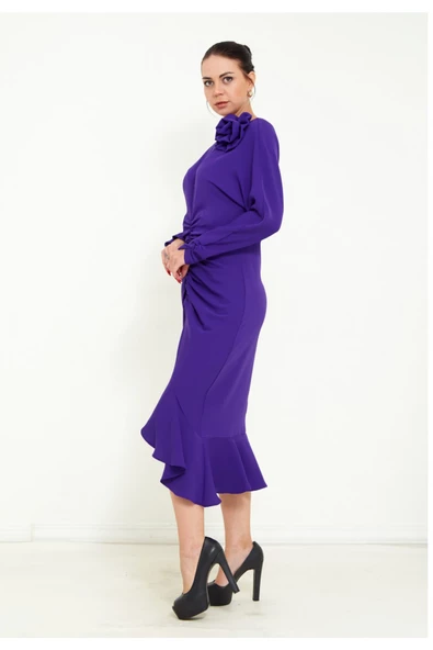 Modatalika Kadın Önden Büzgülü Uzun Kol  Midi Elbise - Resim 9