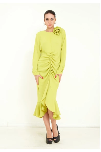 Modatalika Kadın Önden Büzgülü Uzun Kol  Midi Elbise - Resim 11