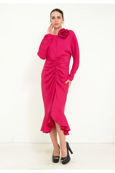 Modatalika Kadın Önden Büzgülü Uzun Kol  Midi Elbise - Resim 5
