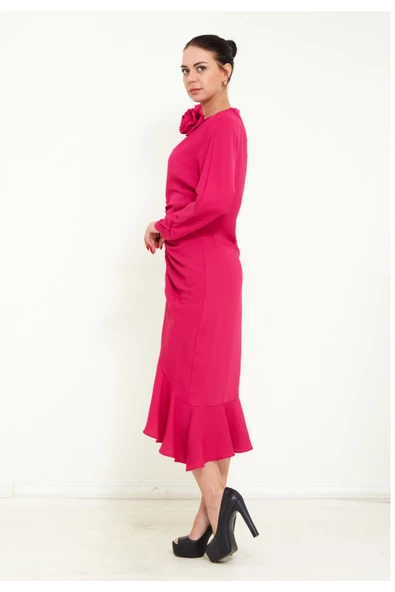 Modatalika Kadın Önden Büzgülü Uzun Kol  Midi Elbise - Resim 6